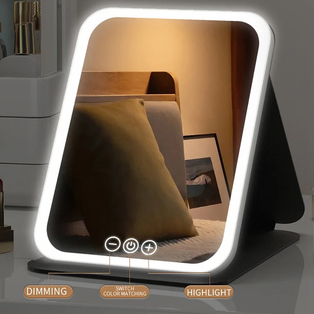Foldable LED Vanity Mirror — Dimmable Light & USB Charging