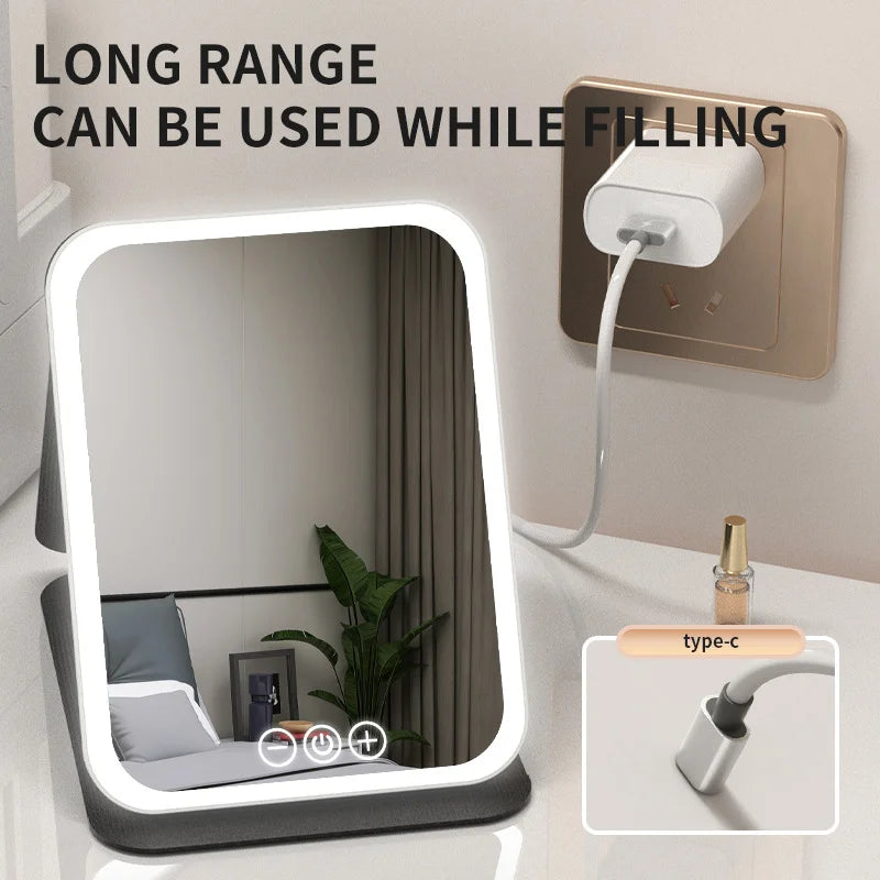 Foldable LED Vanity Mirror — Dimmable Light & USB Charging
