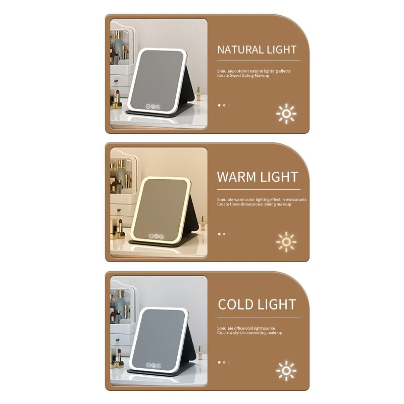 Foldable LED Vanity Mirror — Dimmable Light & USB Charging